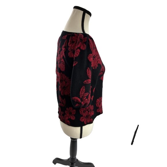 Liz Claiborne Womens Size S Black Red Floral Sweater Puff Sleeve Knit Top - Picture 3 of 6